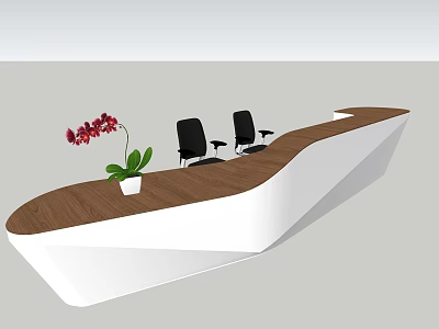 Modern Reception Desk With Wooden Countertop White Base Red Flower Plant And Black Chairs 3d model