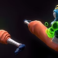 Blue Frog Game Character In Dynamic Action Stance With Green Weapon And Orange Pants