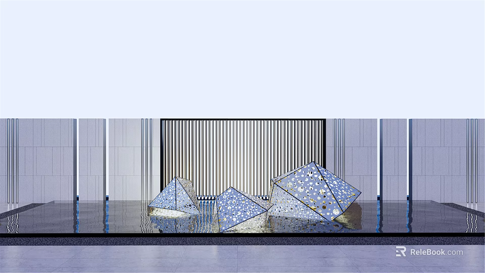 Blue Polyhedral Landscape Sculptures With Black Vertical Striped Screen And Water Reflection 3d model