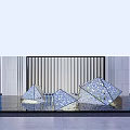 Blue Polyhedral Landscape Sculptures With Black Vertical Striped Screen And Water Reflection 3d model