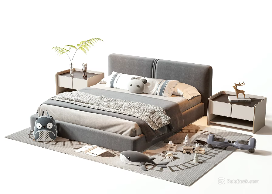 Double Bed with Gray Headboard Nightstands with Decorations Plant and Rug with Toys 3d model 
