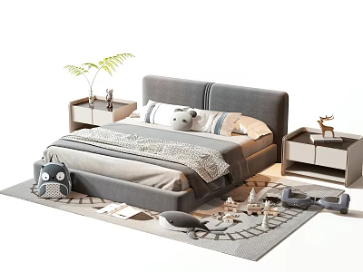 Double Bed with Gray Headboard Nightstands with Decorations Plant and Rug with Toys 3d model