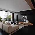 Modern Living Dining Room Interior With Beige Sofa Coffee Table Dining Chairs Large Windows Trees