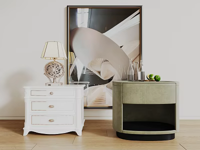 White Drawer Bedside Table And Green Velvet Round Nightstand With Lamp Decorative Items And Artwork 3d model