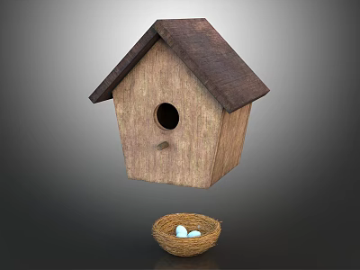 Natural Wooden Birdhouse With Round Entrance And Bird Nest Containing Eggs 3d model