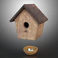 Natural Wooden Birdhouse With Round Entrance And Bird Nest Containing Eggs