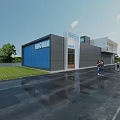 Modern Minimalist Commercial Building Exterior Facade With Sleek Gray And Striking Blue Wall Decoration