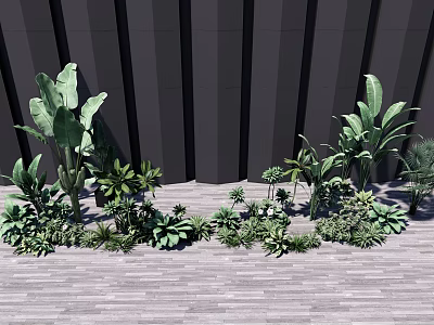 Various Green Shrubs Varieties For Outdoor Garden Landscaping On Wooden Surface 3d model