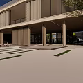 Modern Building Entrance With Paved Ground Glass Doors And Side Water Features