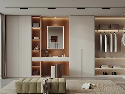 Modern Walk in Closet Interior with Wooden Accent Mirror Hanging Clothes and White Cabinets 3d model