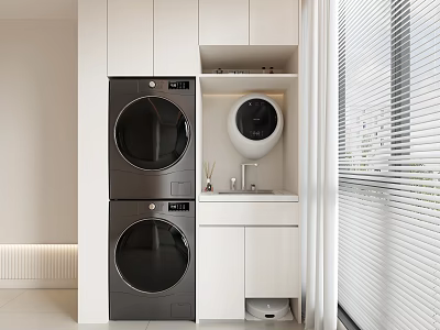Home Balcony Laundry Space With Stacked Washer Dryer White Cabinets And Blinds 3d model