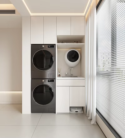Home Balcony Laundry Space With Stacked Washer Dryer White Cabinets And Blinds 3d model