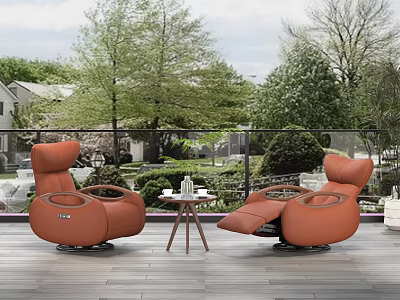 Two Orange Single Sofas on Outdoor Wooden Floor with Small Table and Trees 3d model