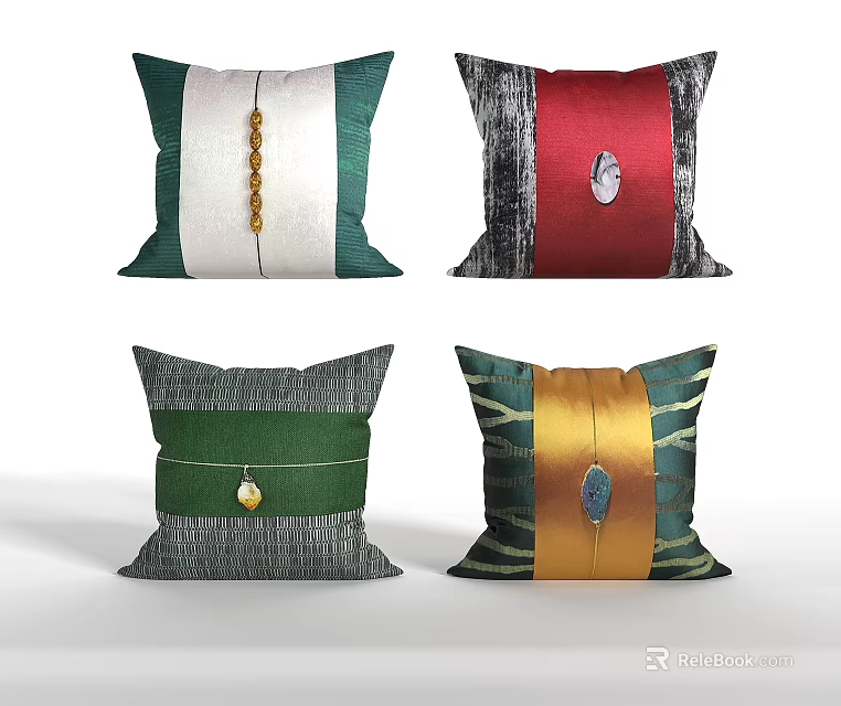 Assorted Decorative Pillows With Green White Gray Striped And Bead Ornament Design 3d model