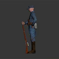 Game Movie Character in Blue Uniform with Red Long Staff and Brown Gear
