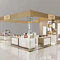 Luxury Jewelry Store Featuring Golden Lattice Design Glass Display Cases And White Marble Counters