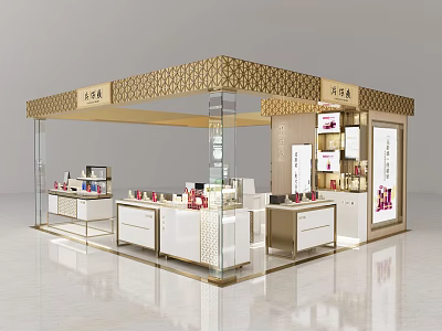 Luxury Jewelry Store Featuring Golden Lattice Design Glass Display Cases And White Marble Counters 3d model