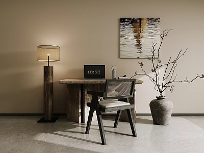 Modern Minimalist Desk Chair Set With Floor Lamp Vase Branches And Wall Artwork 3d model