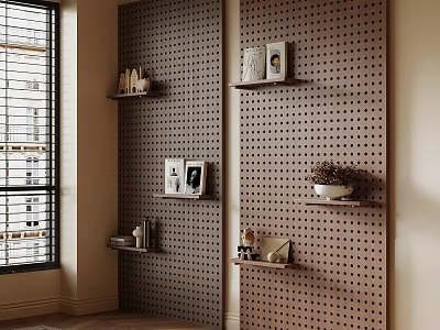 Perforated Wall Interior With Wall Shelves Holding Decorative Photos Potted Plant And Items 3d model