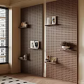 Perforated Wall Interior With Wall Shelves Holding Decorative Photos Potted Plant And Items