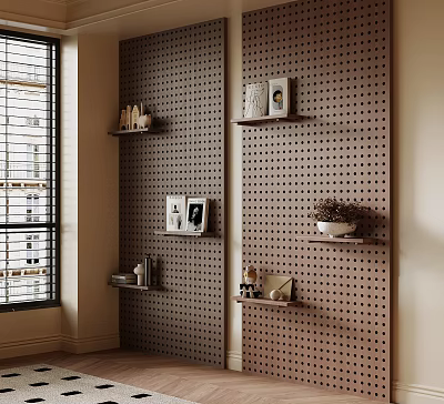 Perforated Wall Interior With Wall Shelves Holding Decorative Photos Potted Plant And Items 3d model