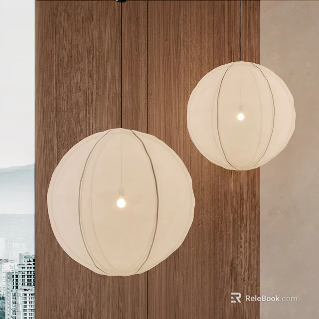 Stylish Round Fabric Pendant Lights Against Wooden Wall With City View 3d model 