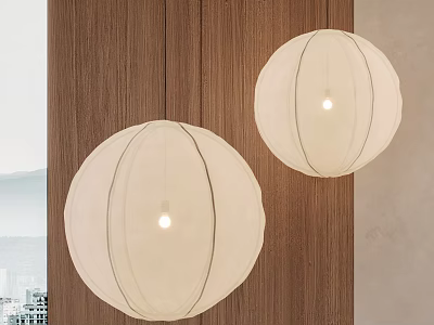 Stylish Round Fabric Pendant Lights Against Wooden Wall With City View 3d model