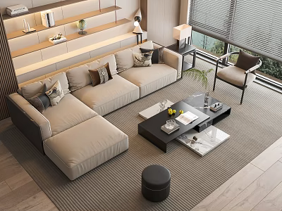 Modern Beige L shaped Sofa And Black Coffee Table With Throw Pillows In Living Room 3d model