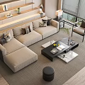 Modern Beige L shaped Sofa And Black Coffee Table With Throw Pillows In Living Room