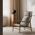 Modern Minimalist Interior Accent Chair with Wooden Frame Patterned Cushions Curtains and Natural Light