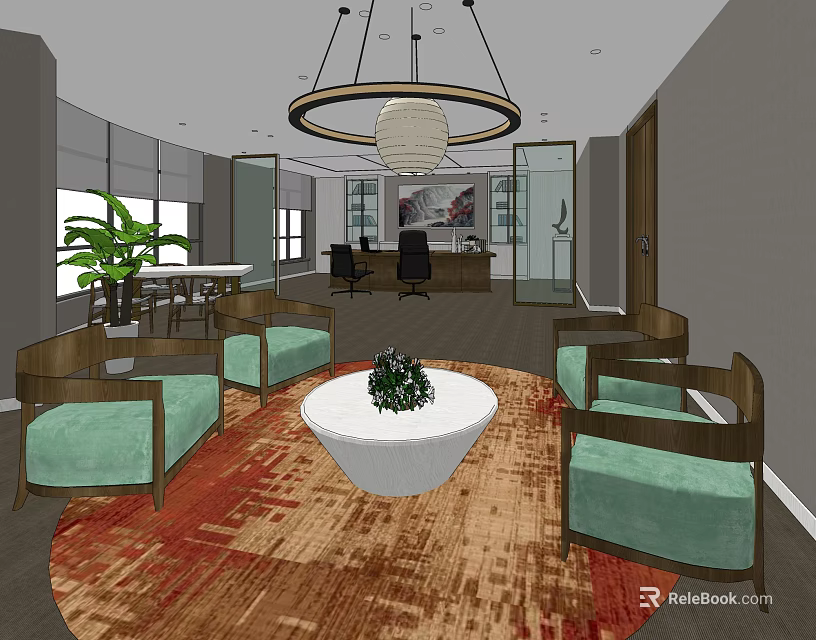 Modern Office Interior With Green Sofas Round Coffee Table Chandelier And Area Rug 3d model 