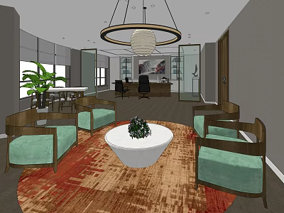 Modern Office Interior With Green Sofas Round Coffee Table Chandelier And Area Rug 3d model