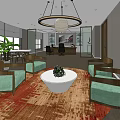 Modern Office Interior With Green Sofas Round Coffee Table Chandelier And Area Rug