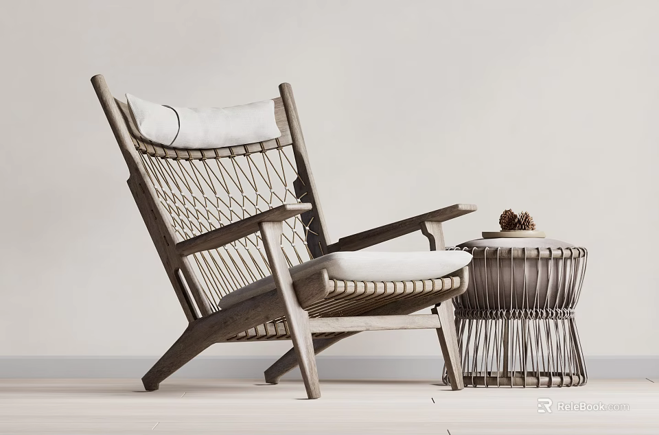 Natural Wooden Frame Leisure Chair With Woven Design White Cushion And Matching Side Table 3d model 