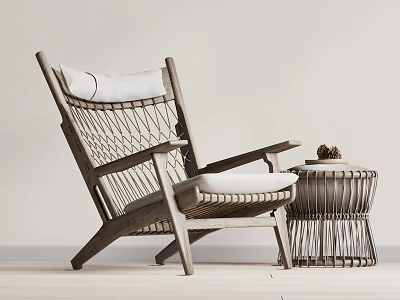 Natural Wooden Frame Leisure Chair With Woven Design White Cushion And Matching Side Table 3d model