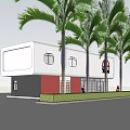 Modern Retail Store Exterior With White Facade Red Accents Glass Windows And Palm Trees