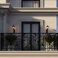 Ornate Balcony Railing on Classical White Building With Intricate Patterns Wall Lamps And Potted Plants