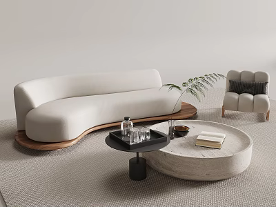 Modern Curved White Sofa Coffee Table Set With Round Wooden Table Armchair Green Plant 3d model