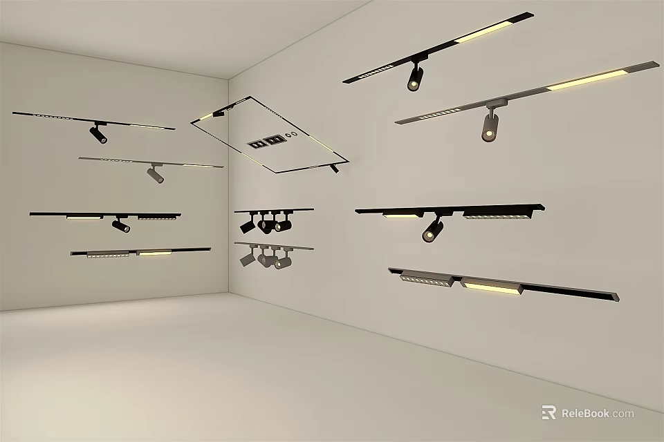 Various Types of Downlights and Spotlights in Modern Display Room with Ceiling and Wall Mounts 3d model 