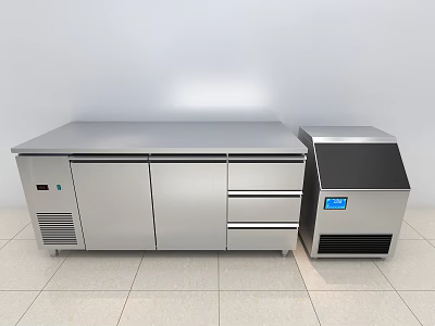 Stainless Steel Commercial Refrigerator Freezer With Drawers Cabinet Doors And Ice Maker Unit 3d model