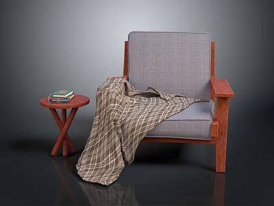 Gray Cushioned Chair With Wooden Armrests Plaid Blanket And Cross Legged Side Table With Books 3d model