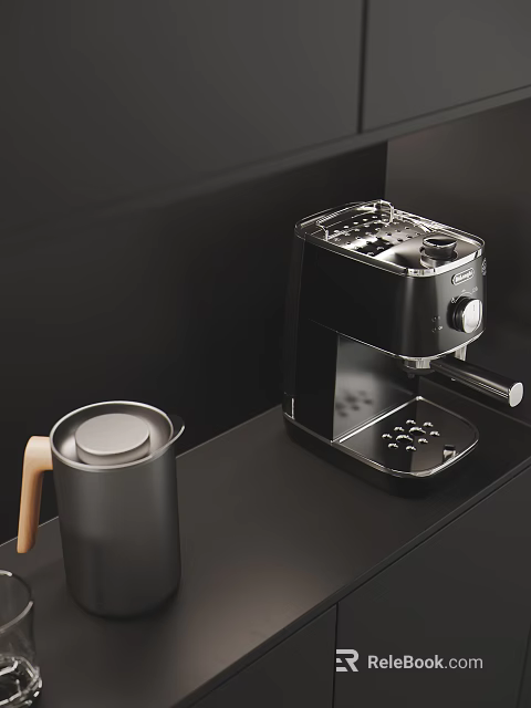 Restaurant Coffee Station With Black Metallic Coffee Machine And Wooden Handle Cup 3d model 
