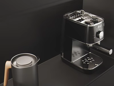 Restaurant Coffee Station With Black Metallic Coffee Machine And Wooden Handle Cup 3d model