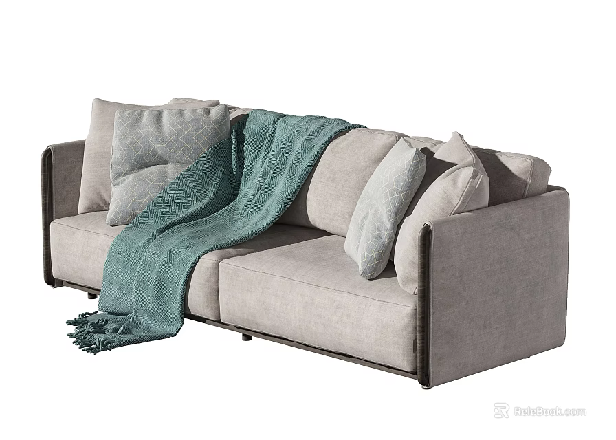 Modern Light Gray Two Seater Sofa with Soft Pillows and Green Throw Blanket 3d model