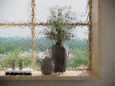 Green Plant In Ceramic Vase On Windowsill With Outdoor Scenery And Decorative Items 3d model
