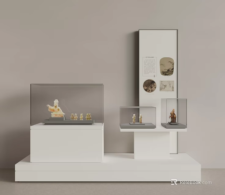 Museum Exhibition Display Featuring White Pedestals Glass Cases Small Sculptures And Information Panel 3d model 