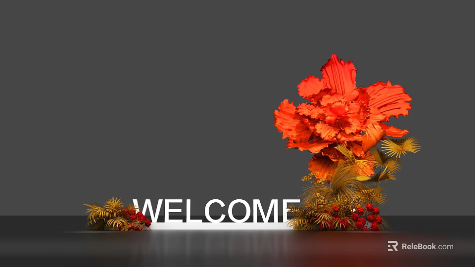 Eye Catching Photo Check in Spot With Welcome Sign Orange Flowers And Red Berries 3d model 