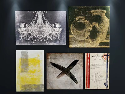 Oil Paintings Displayed With Classical Chandelier Vase And Abstract Patterns In Various Styles 3d model