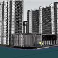 Modern Sales Office Building With Glass Curtain Wall Water Feature And High Rise Buildings Around