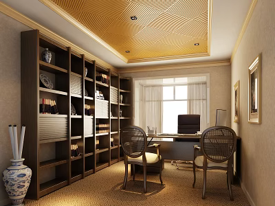 Modern Study Room Interior With Wooden Bookshelves Writing Desk And Chairs 3d model